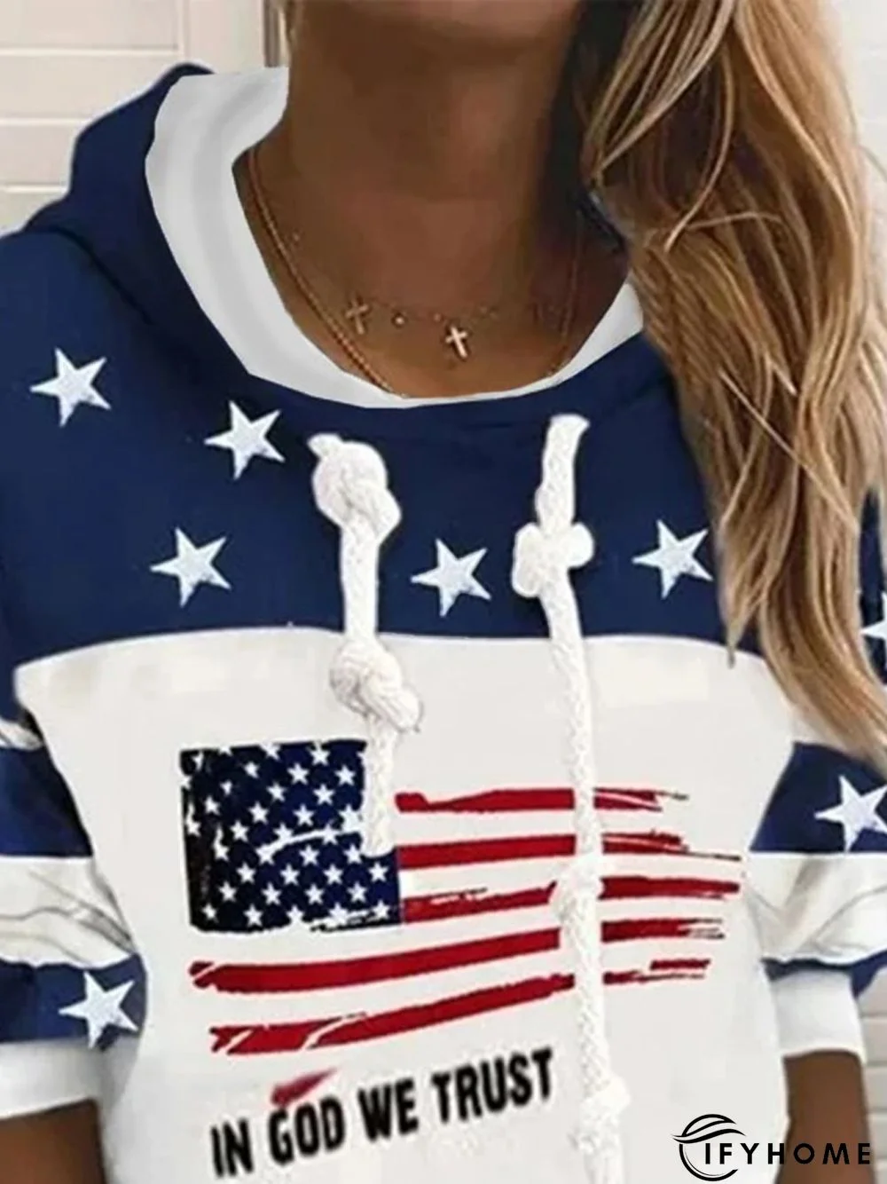 Color-block Stars Flag Letters Printed Hoodie Long Sleeve Casual Sweatshirt | IFYHOME