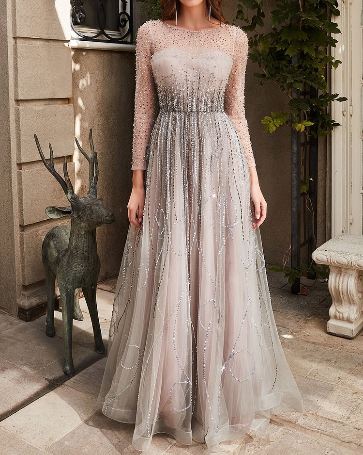 Elegant sequined tulle maxi dress gown