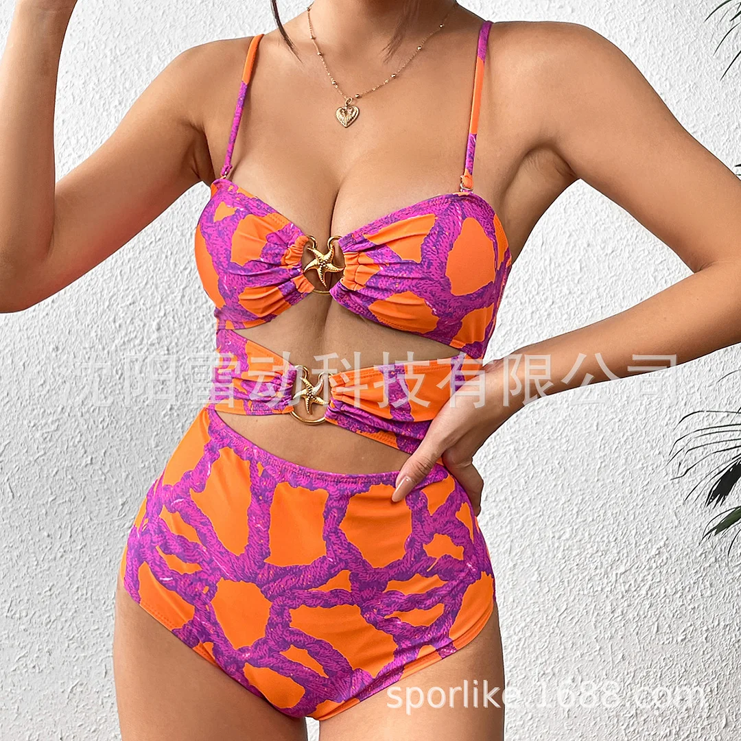 Churchf New Hollowed-In-Joined Swimsuit Women 2025 New Swimwear Jersey Two-Set Print