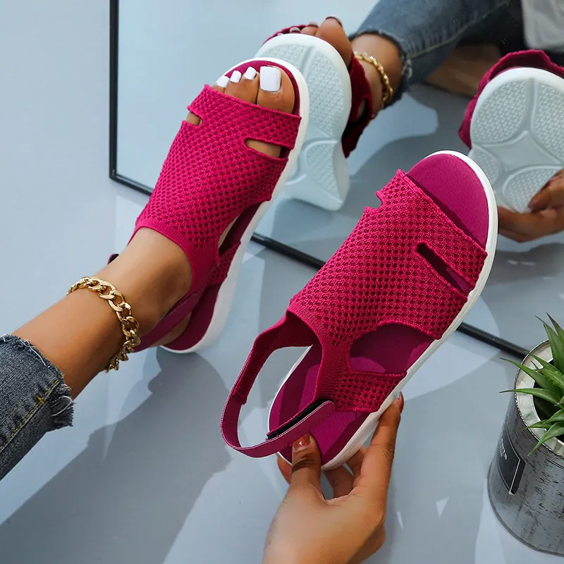 Breakj Breakj Summer New Women's Sandals Large-Size Breathable Elastic Fly Weaving Flat Bottom Casual Women's Shoes