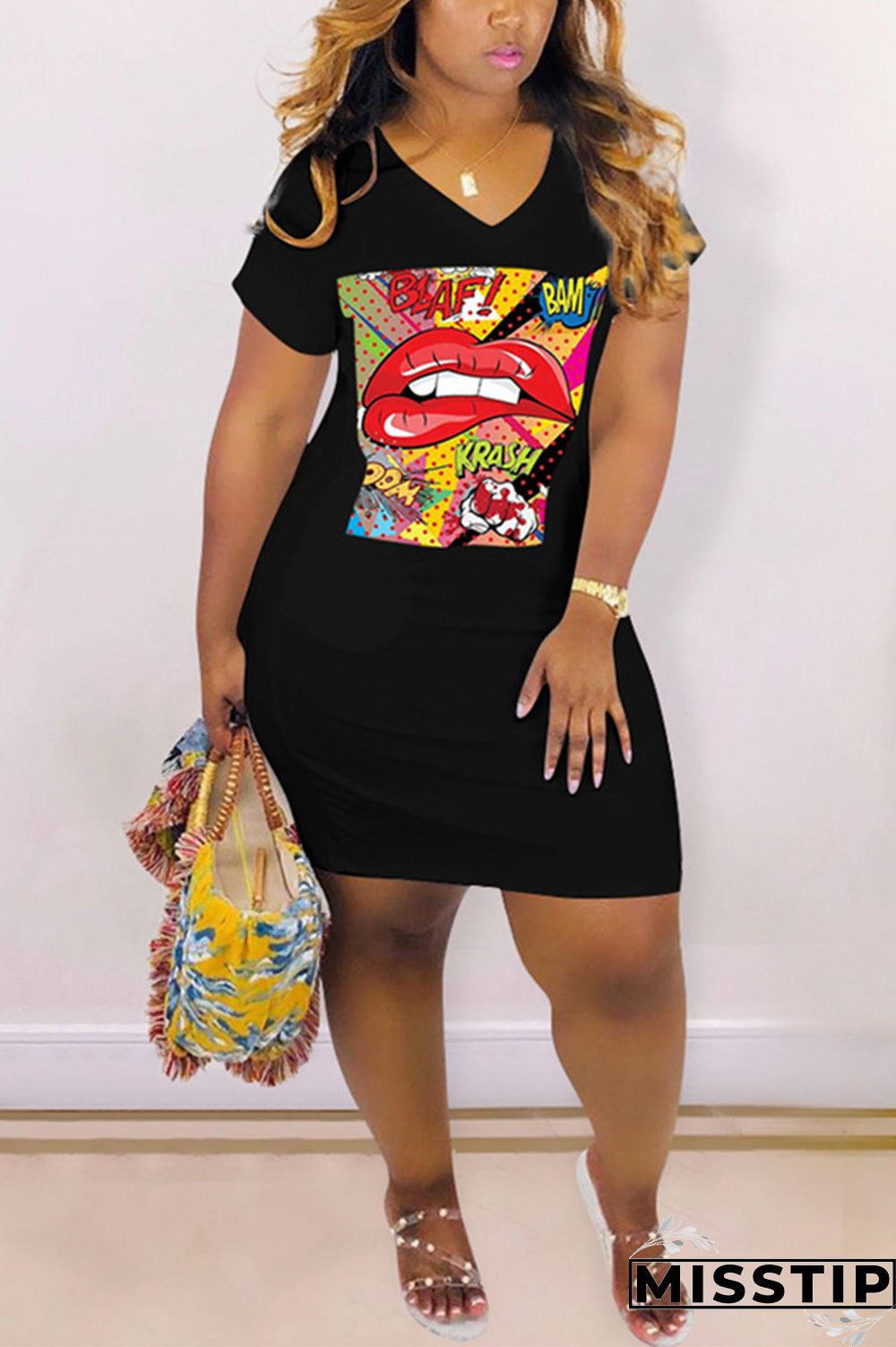 Orange Fashion Casual Printed V-neck Loose Dress