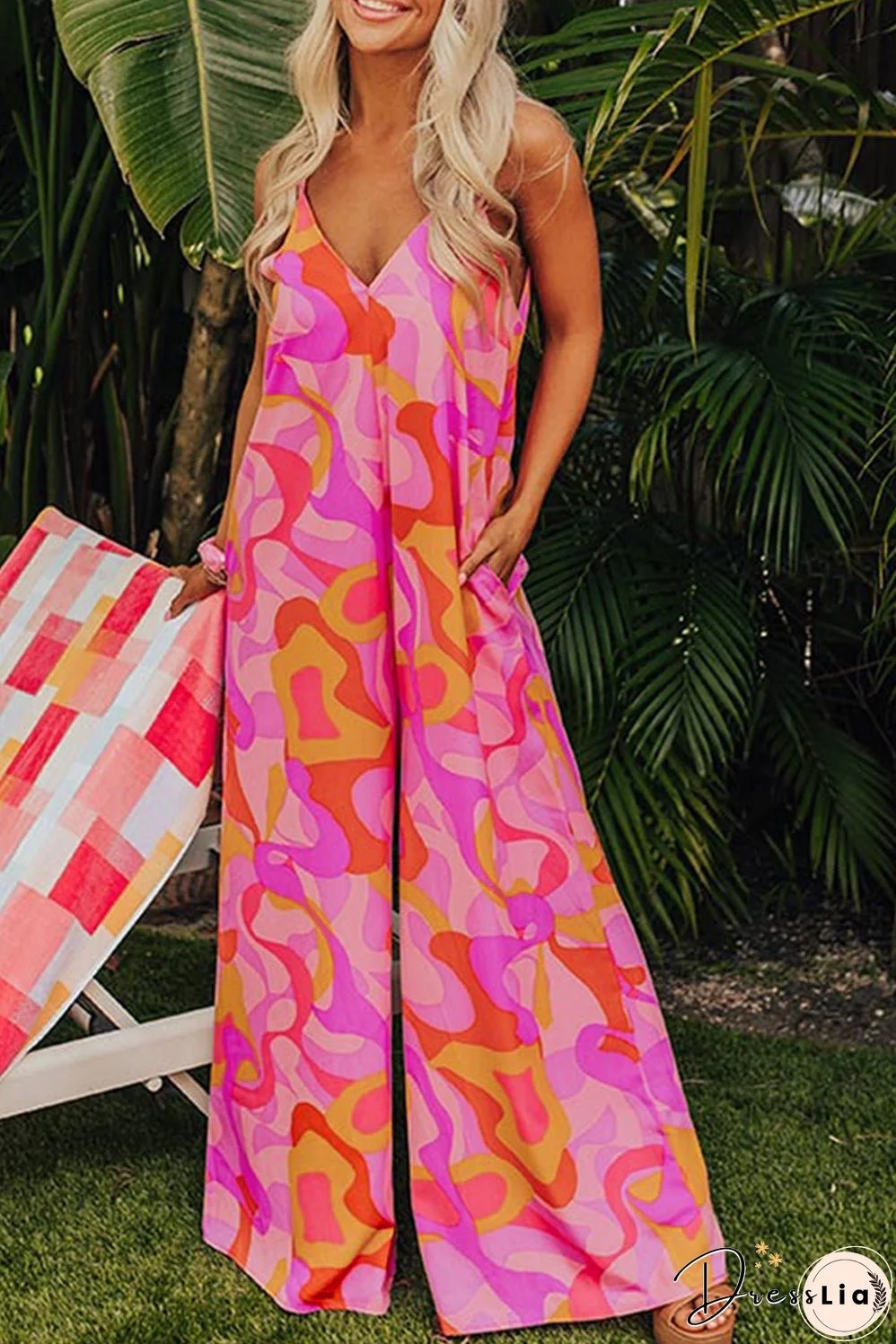 Pink Boho Abstract Print V Neck Wide Leg Jumpsuit