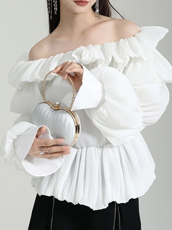 Roomy Puff Sleeves Pleated Pure Color Off-The-Shoulder Blouses&Shirts Tops
