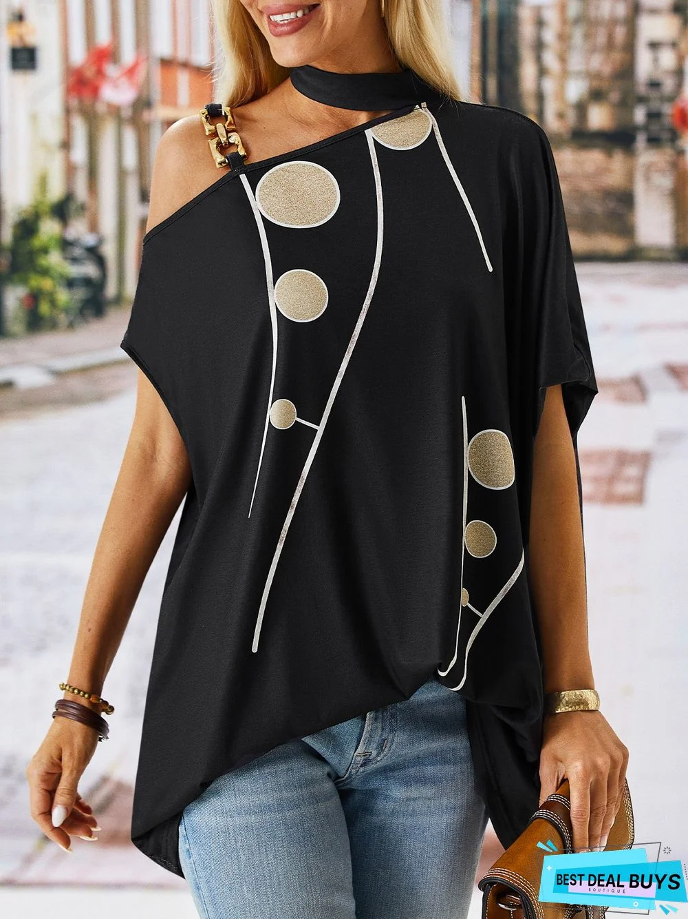 Polka Dots Short Sleeve Button Halter Casual Top