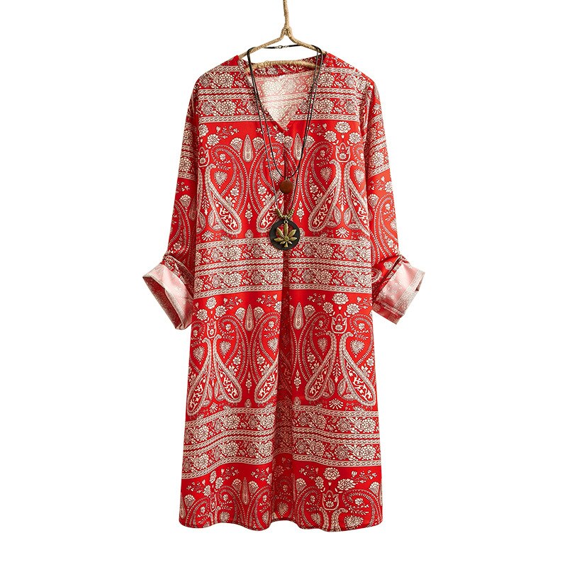 Early Spring Women Fashion Red Vintage Pattern Long Sleeve V-Neck Dress Female Bohemia Style Loose Casual Chiffon Straight Robes