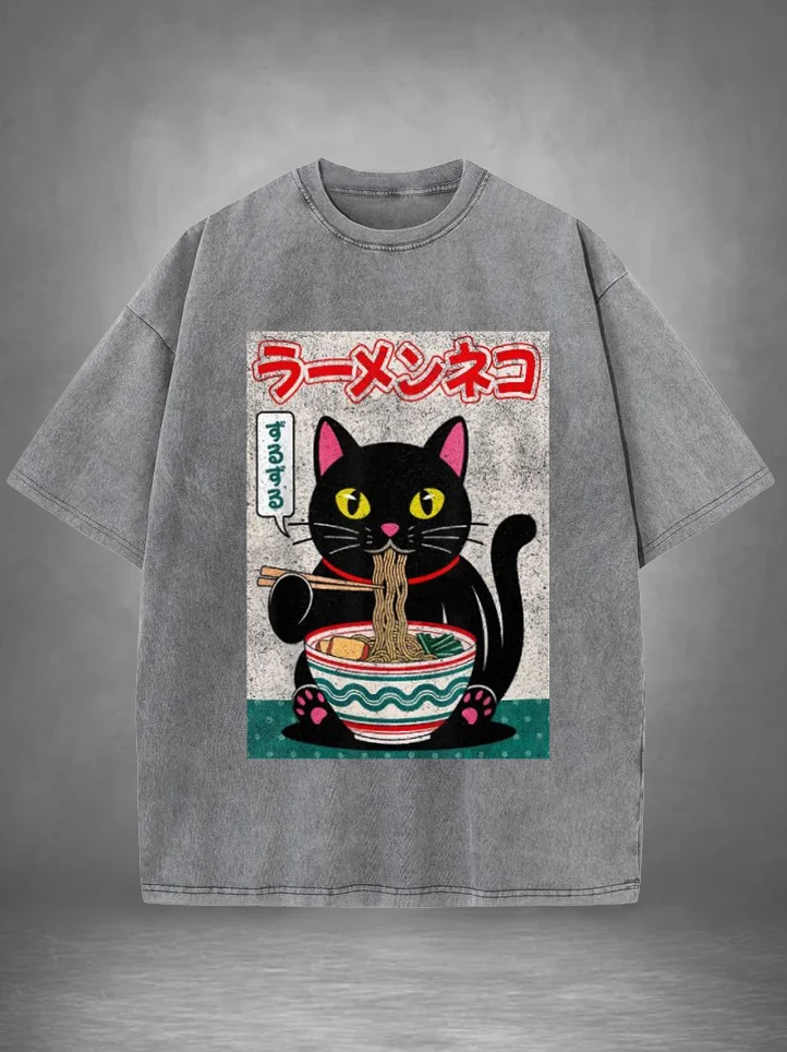 Men's Cute Black Cat Eating Ramen Print Cotton Washed T-Shirt