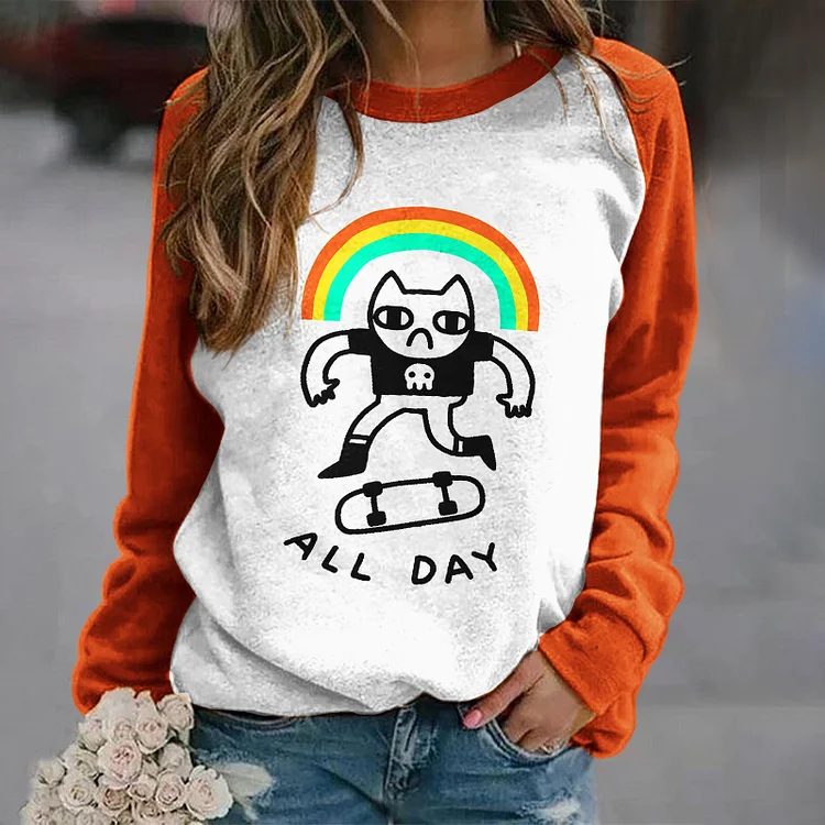 Vefave Rainbow Bad Cat Long Sleeve Sweatshirt