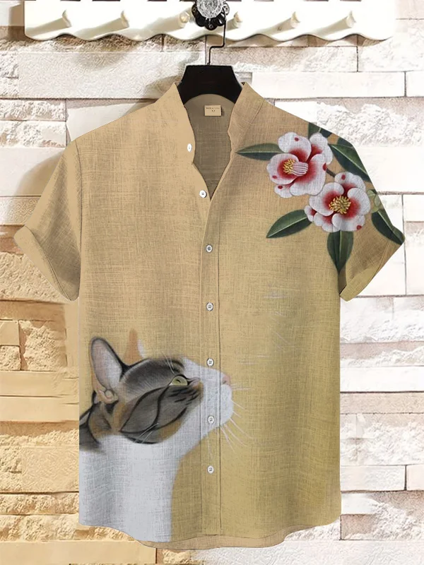 Men's Retro Cat Flower Art Print Linen Blend Shirt