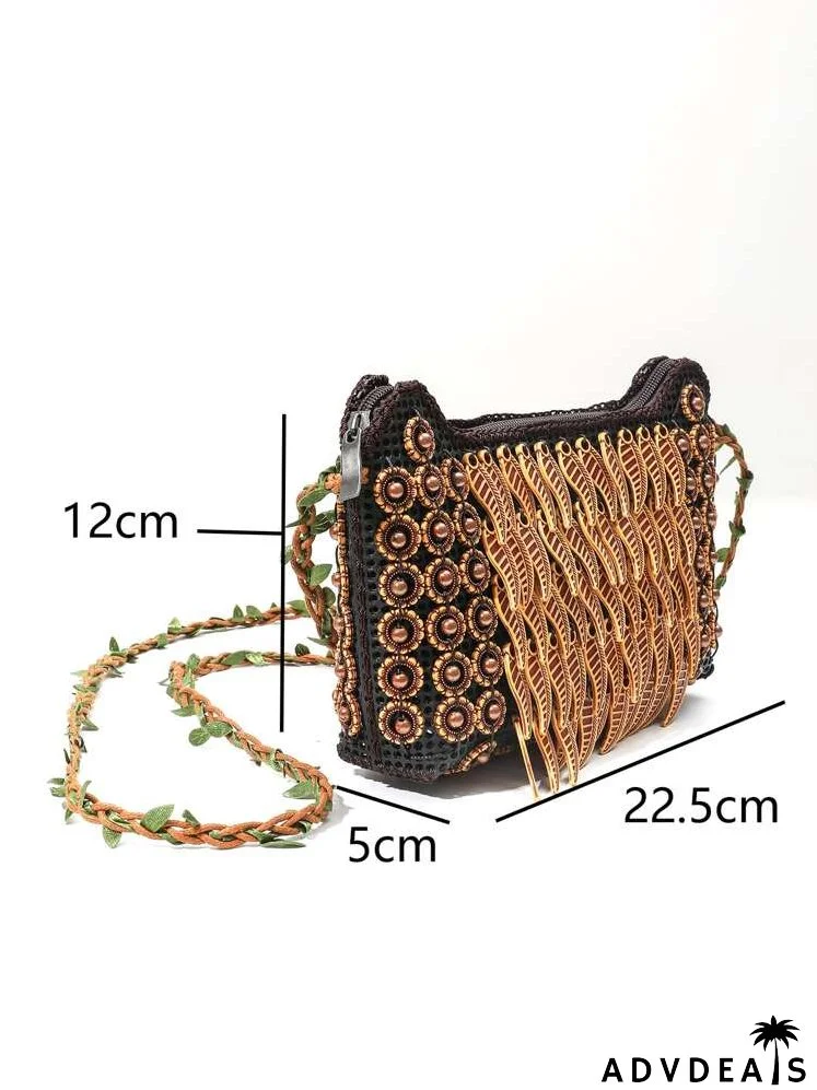Beaded & Leaf Decor Crossbody Bag