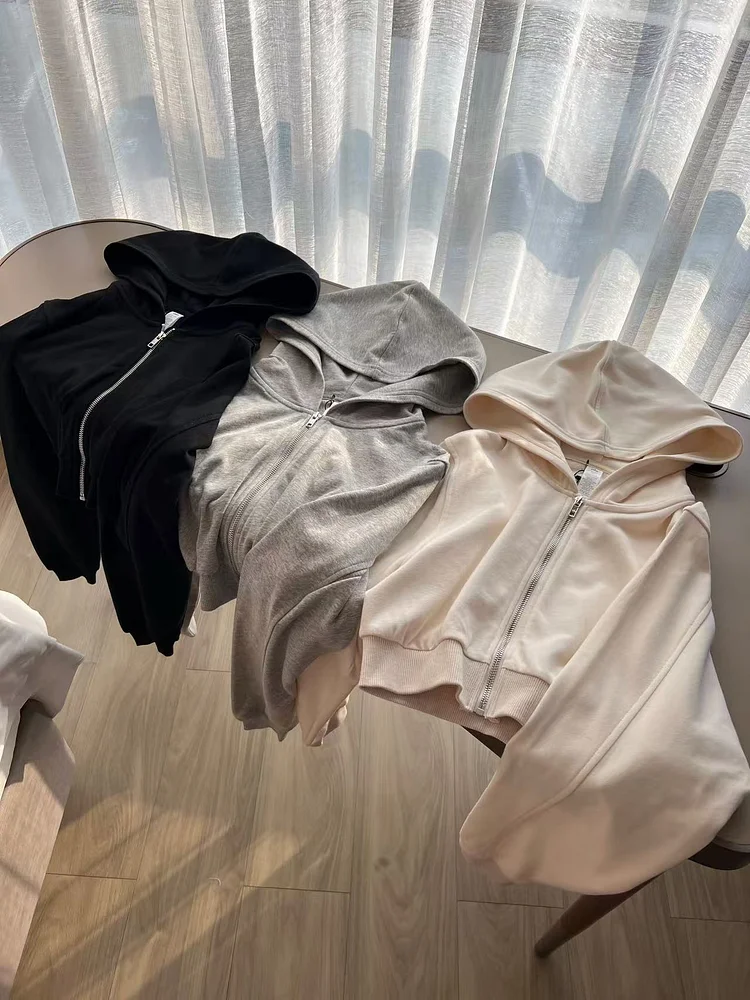 Sporty Zippered Hooded Sweatshirt Cropped Long Sleeve Cardigan Top Casual Loose Fit Women's New Style