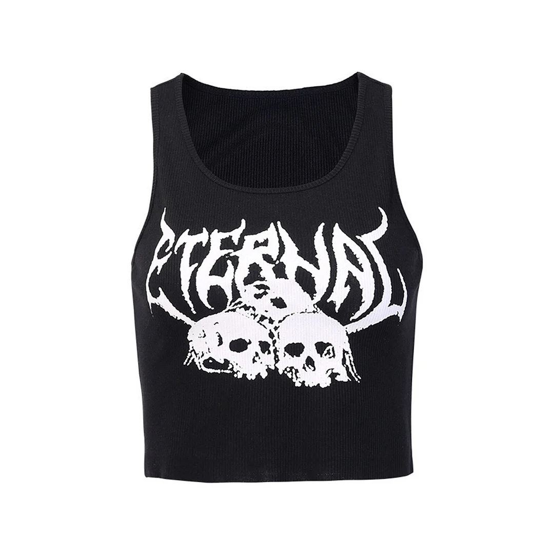 Gothic Crop Tank Top Sleeveless Round Neck Sexy Club Punk Vest Streetwear Harajuku Women Y2K Aesthetics Skull Printing Clothes