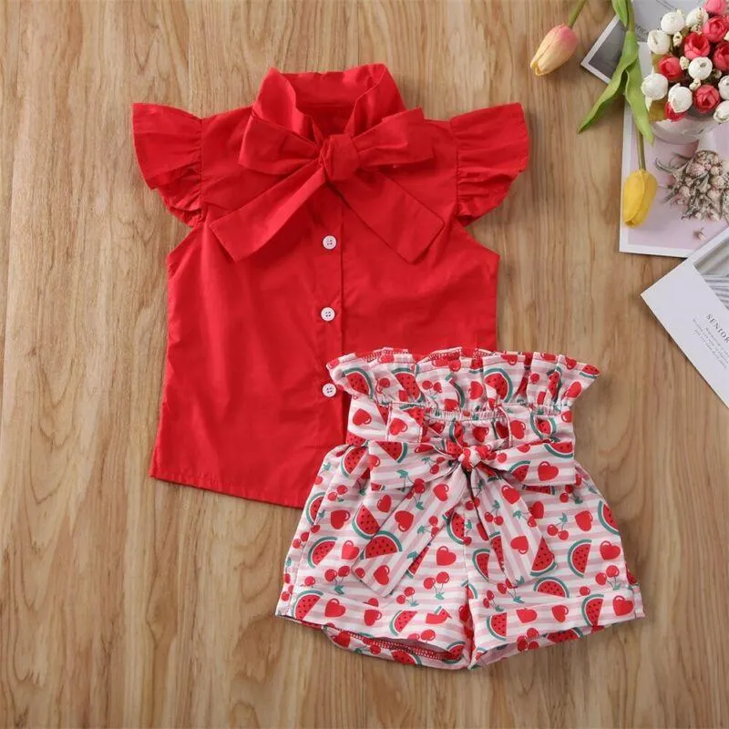 2020 Baby Summer Clothing 1-6T Toddler Kid Baby Girl Solid Red Shirt Top Watermelon Short Pants Outfit Clothes 2Pcs Set Sunsuit
