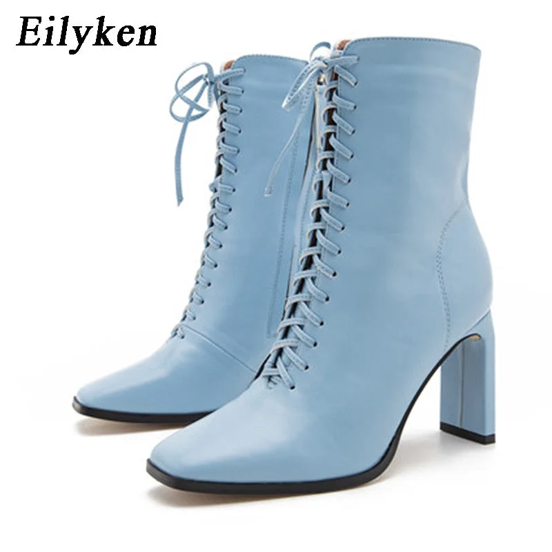 Eilyken Size 35-42 Women Square Head Ankle Boots Fashion Cross Strap Square High Heels Winter Shoes Zipper Office Lady Boots