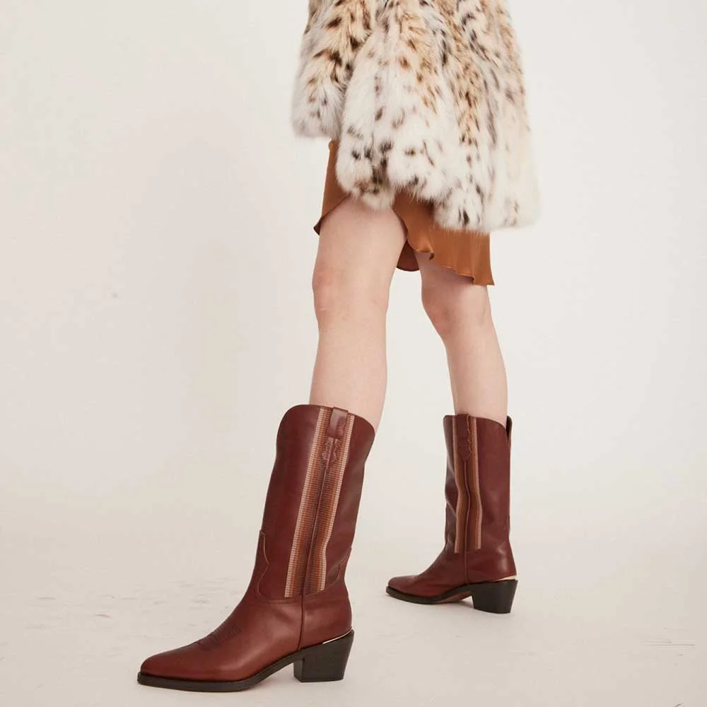 Maroon Pointed Toe Chunky Heel Cowgirl Boots with Ombre Stitching