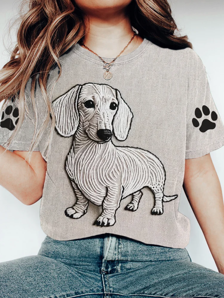 Lässiges Kurzarm-T-Shirt für Damen mit Stickmuster für Haustiere