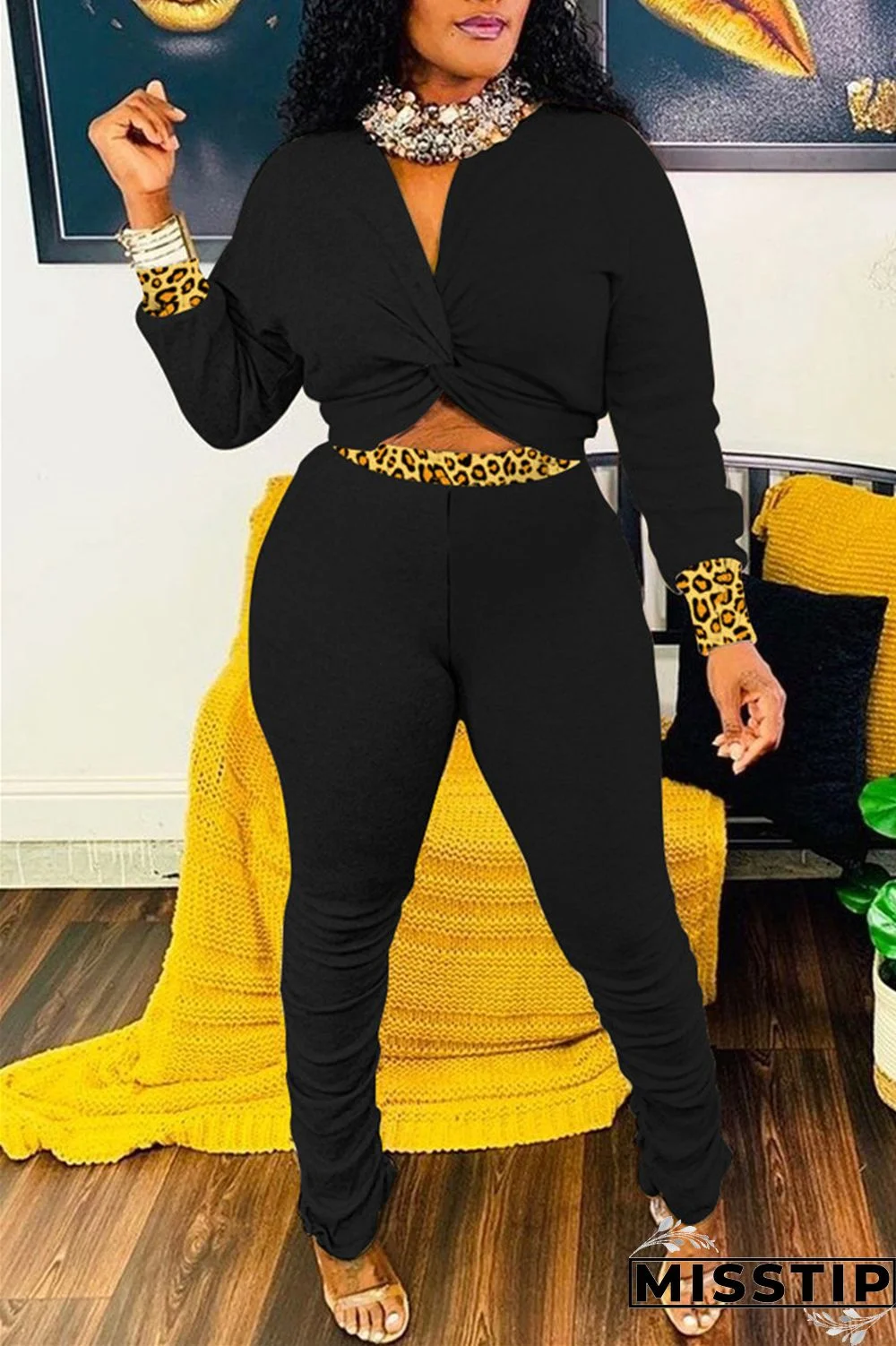 Black Fashion Casual Print Leopard Patchwork Fold V Neck Long Sleeve Two Pieces