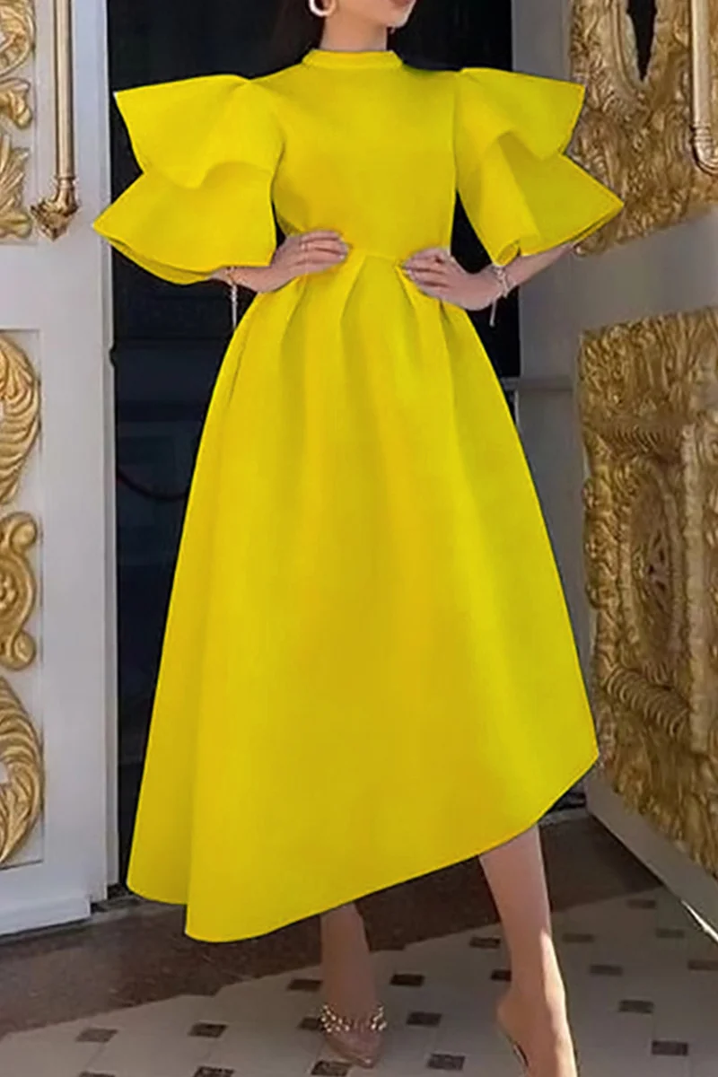 Yellow Fashion Formal Solid Patchwork Half A Turtleneck Evening Dress | EGEMISS