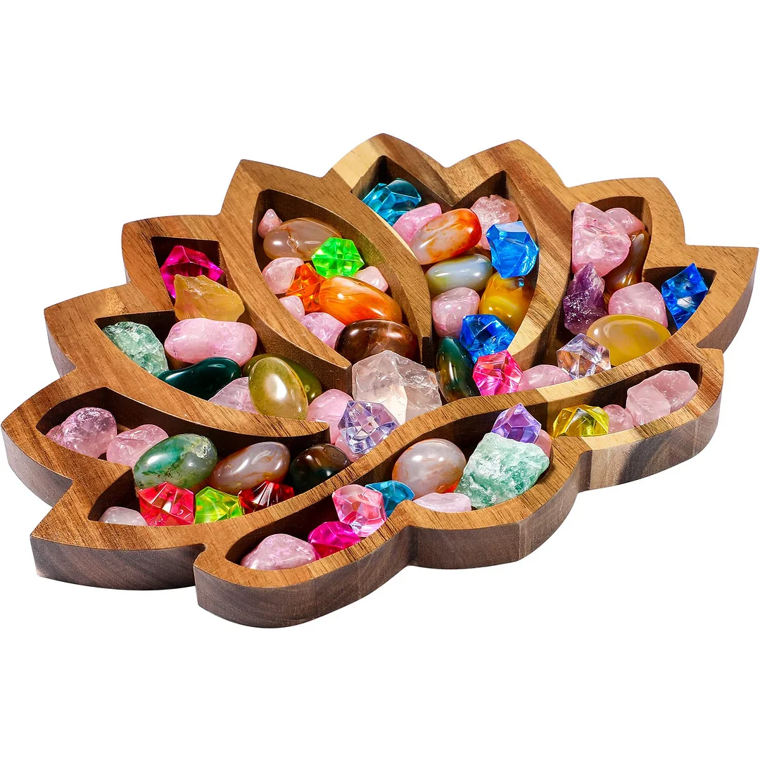 Lotus Crystal Tray for Stones Crystals and Healing Stones Flower Wooden Crystal Storage Holder Tray Lotus Shape Decorative Display Trays Crystal Organizer Bowl for Jewelry Stones Decor (Elegant)