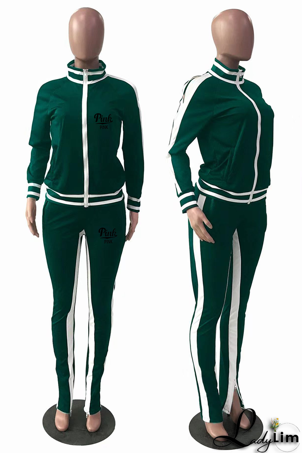 Black Yellow Casual Print Slit Zipper Collar Long Sleeve Two Pieces