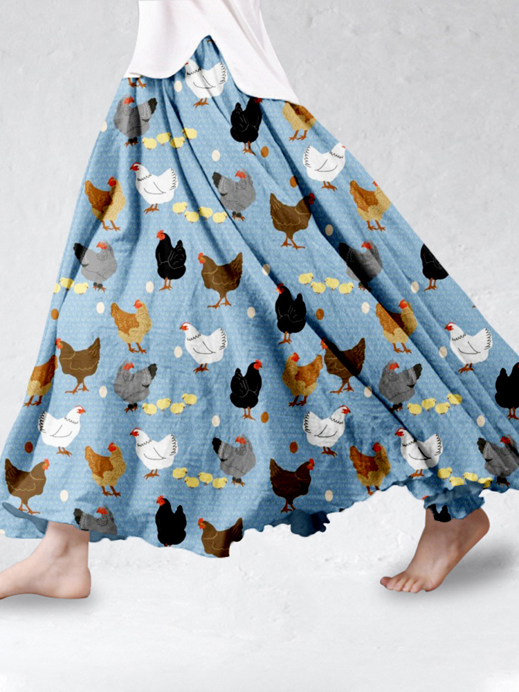 Comstylish Hens and Chicks Graphic Vintage Linen Blend Flowy Wide Skirt
