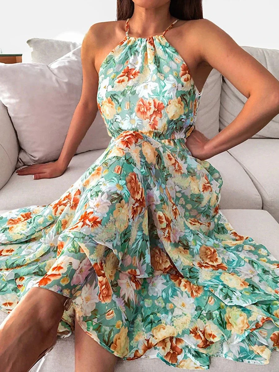 Summer Halterneck Flower Print Maxi Dress P15700