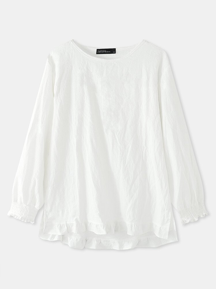 Solid Color O neck Ruffle Hem Casual Blouse For Women P1808509