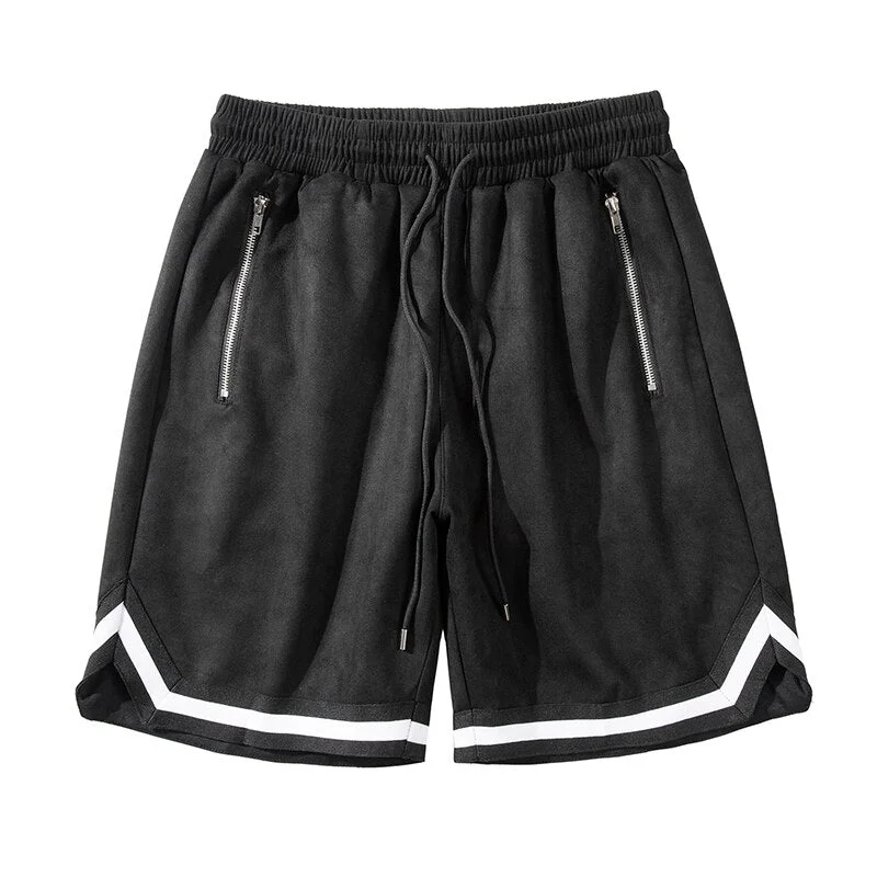 Original Suede Striped Loose Casual Shorts Mens Solid Drawstring Pockets Five-point Pants Streetwear Oversize Male Cargo Shorts
