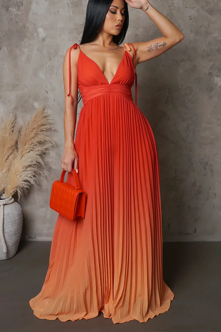 Fading Color Deep V Neck Tie Up Cami A-Line Pleated Vacation Maxi Dresses
