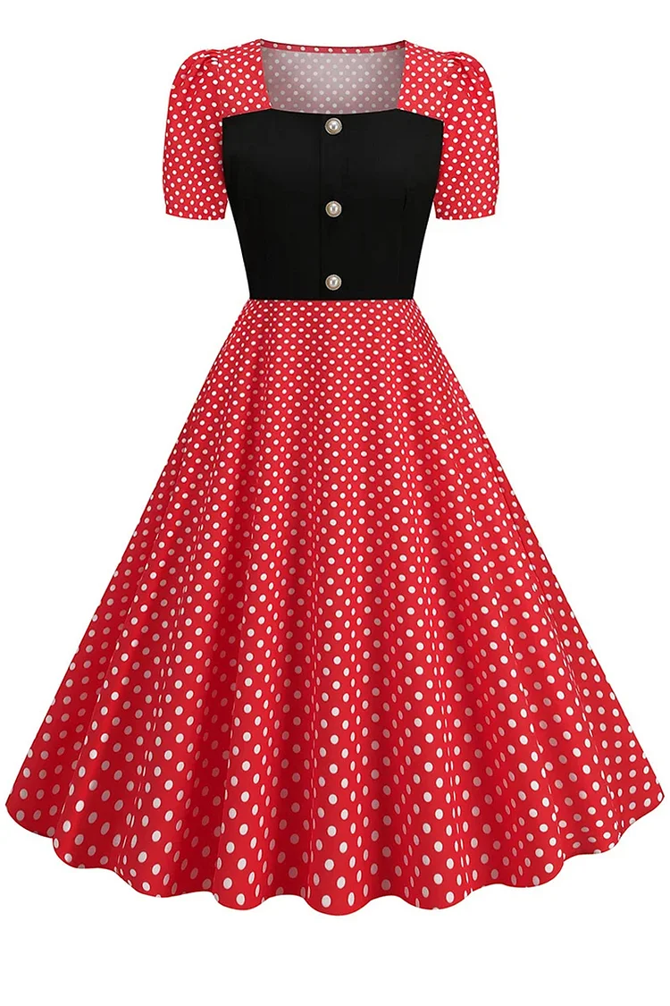 1950s Red Party Polka Dot Patchwork Pearl Button Decor Square Neck Swing Midi Dress