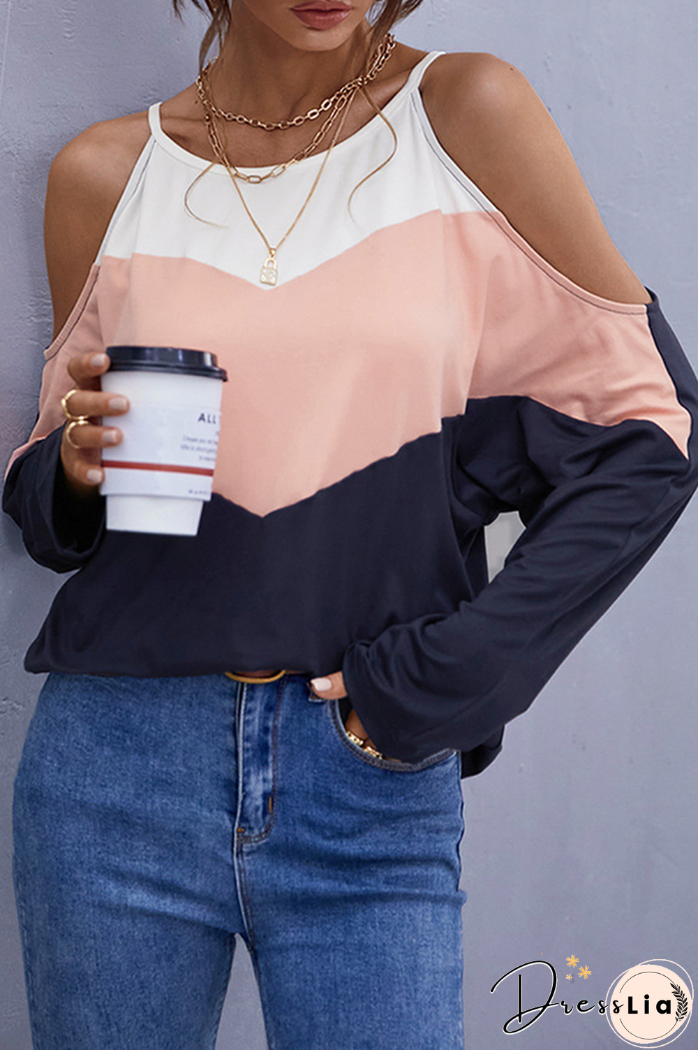 Casual Patchwork Hollowed Out  Contrast O Neck Tops