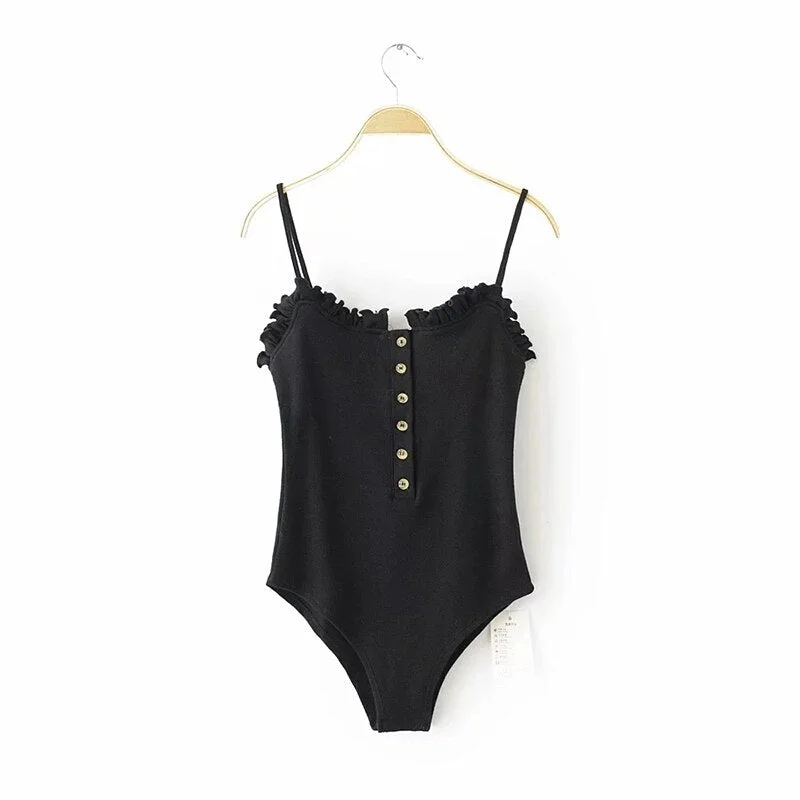 Women's Bodysuits Pink Knitted Tops Female Camisole Playsuit Solid Sexy Button Sleeveless lace Backless Slim Green Jumpsuit TRF