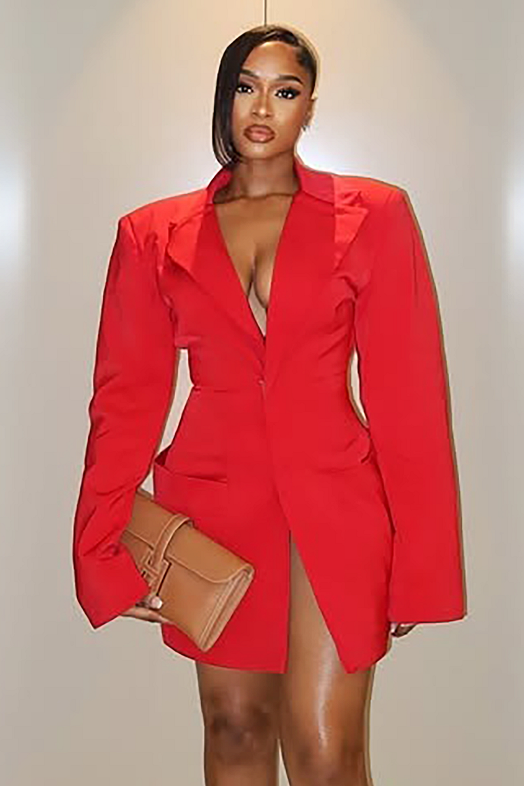 Plunge Neck Long Sleeve Cinch Waist Blazer Mini Dresses-Red [Pre Order]