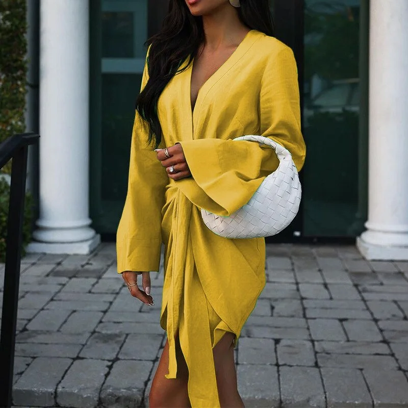 Elegant Women Solid Hollow Party Dresses Retro Ladies V Neck Long Sleeve Mini Dress 2023 New Spring Draped Lace-up Office Dress