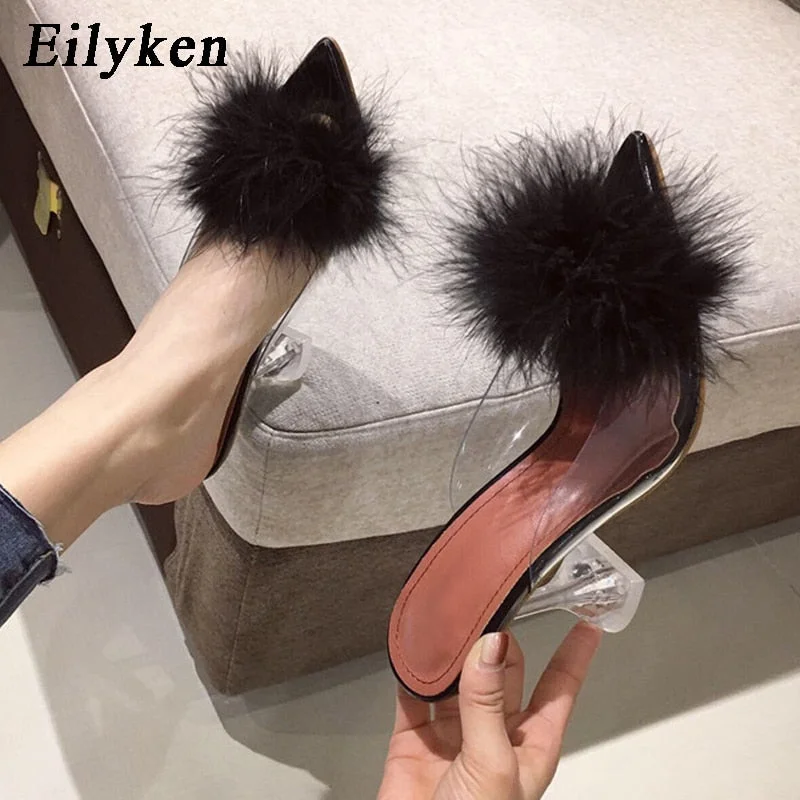 Eilyken 2021 New PVC shoes Woman Feather Transparent High heels Fur Pumps Slippers Women Peep toe Mules Lady Pumps Slides White