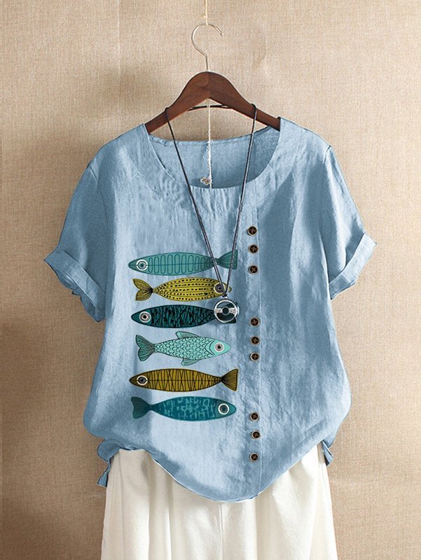 Short Sleeve Crew Neck Fish Print Shirts & Tops Zaesvini