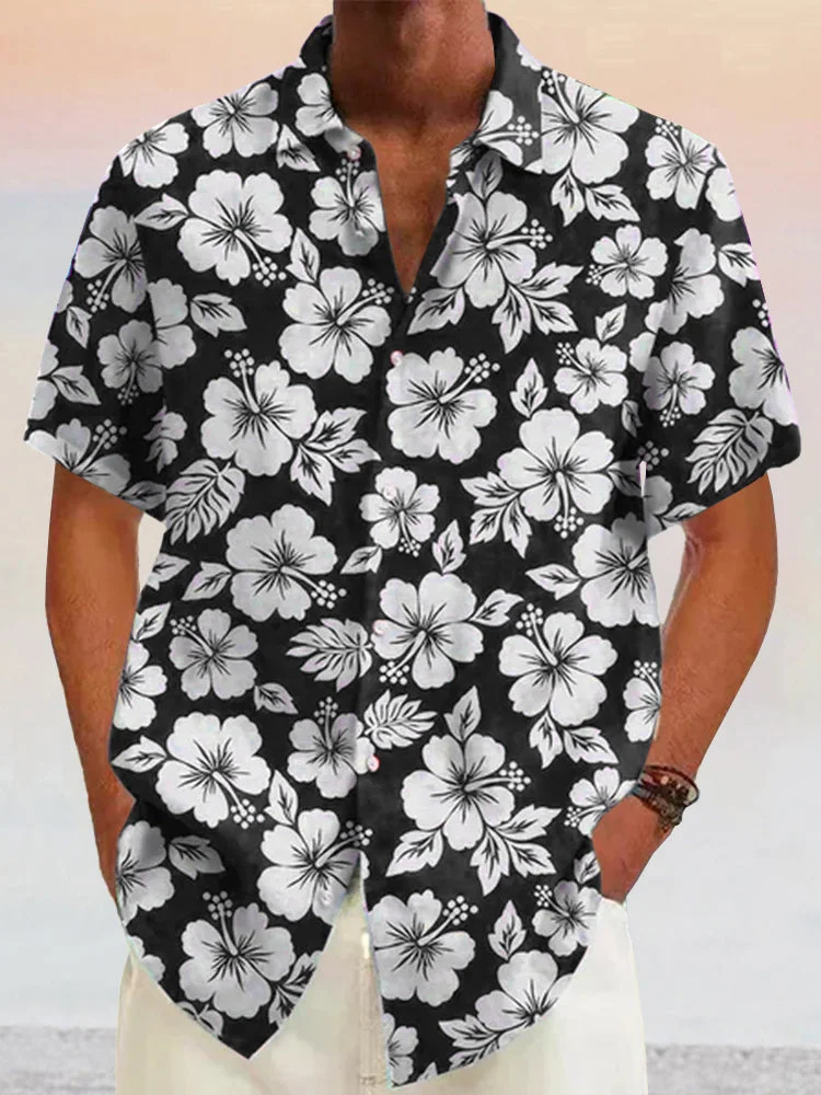 Hawaiian Flower Printed Cotton Linen Holiday Shirt
