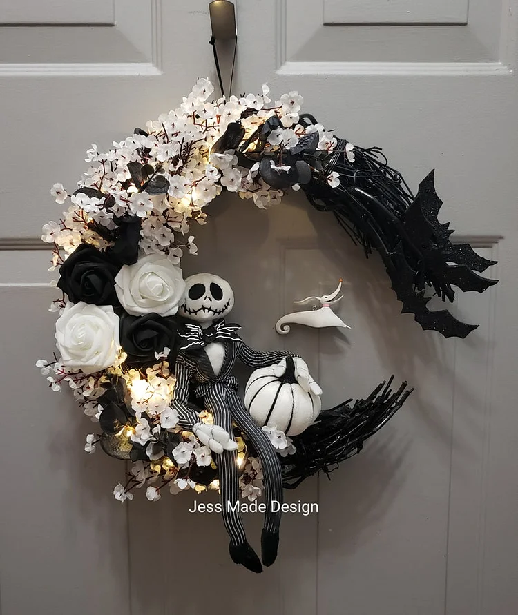 Skeleton moon wreath, Black and white home decor, Crescent moon wreath, Bat wreath, Skull wreath, Gift, Gothic wreath, 14"