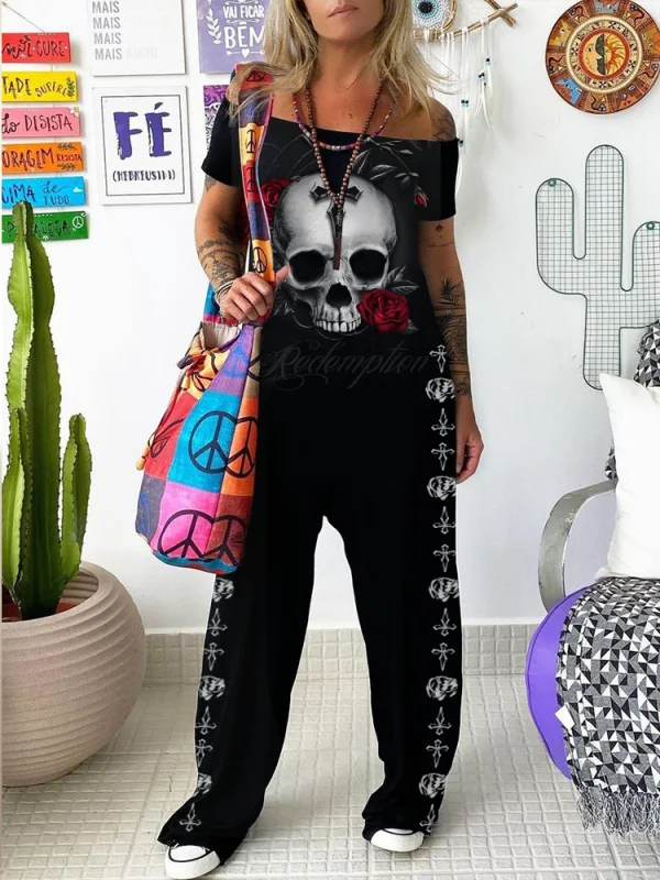 Punk skeleton rose print casual jumpsuit