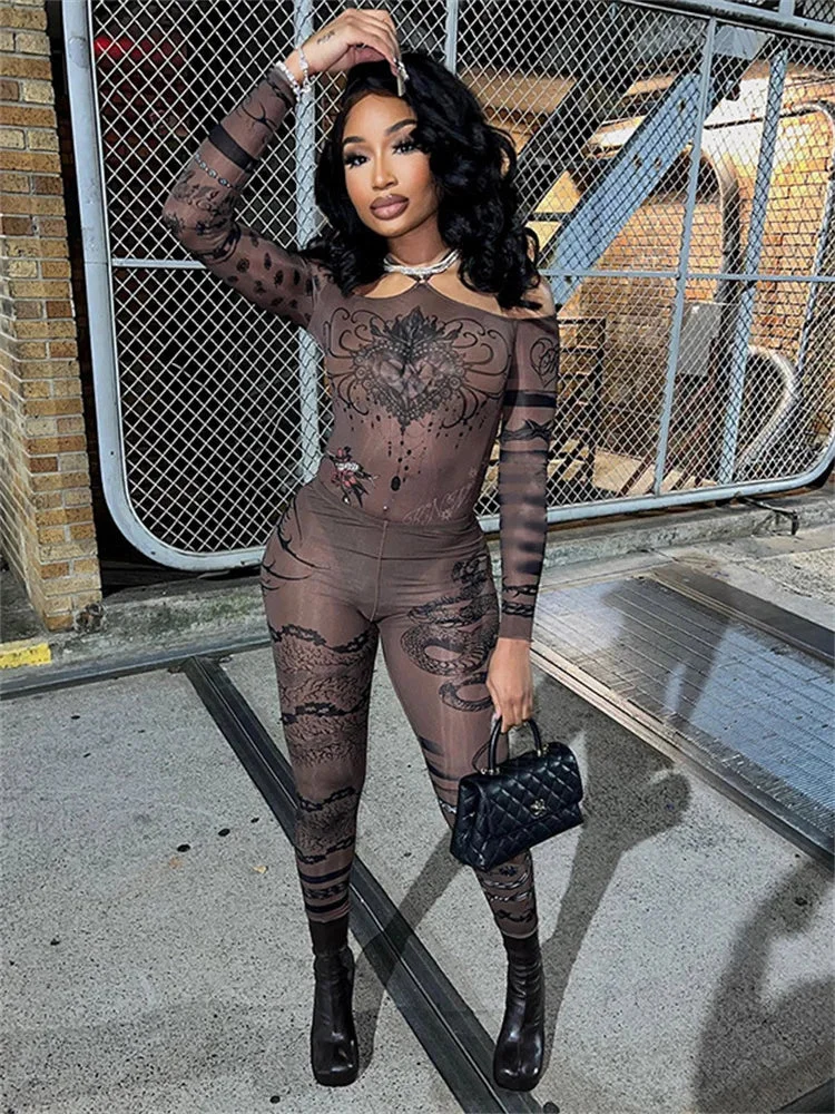 Tlbang Simenual Sexy Clubwear 90s Rave Printed Mesh Women Two Piece Set Y2K Off Shoulder Bodysuit See Through Skinny Pants Co Ord Suits