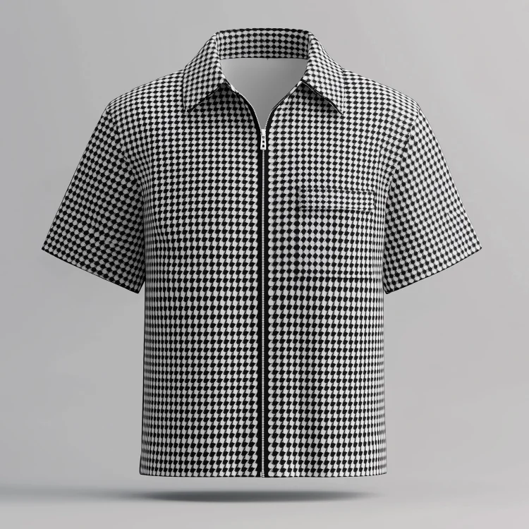 Okaywear Houndstooth Chest Pocket Zip Up Short Sleeve Shirt 