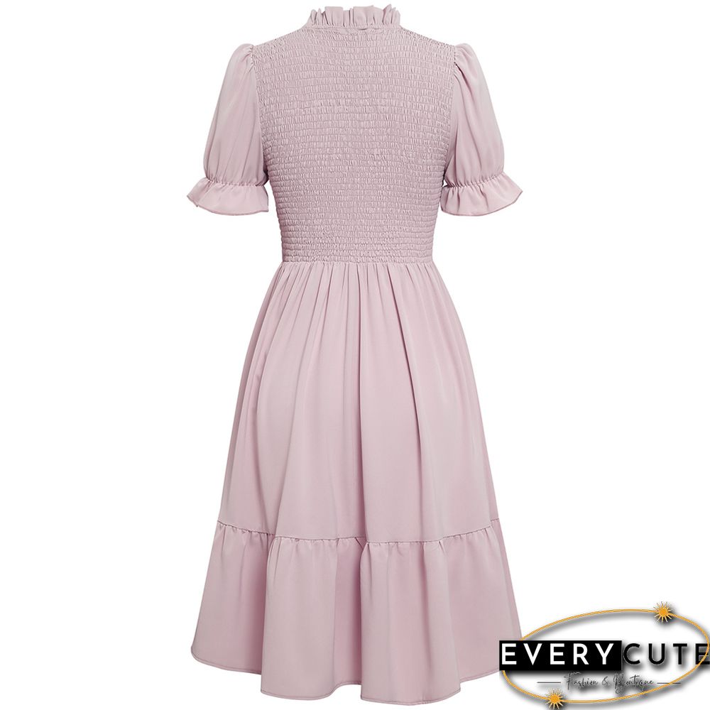 Light Pink Stand Neck Pleated Short Sleeve Dress
