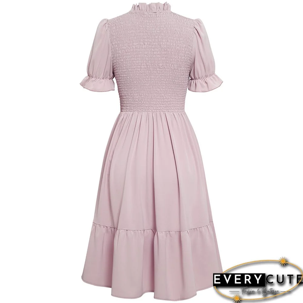 Light Pink Stand Neck Pleated Short Sleeve Dress