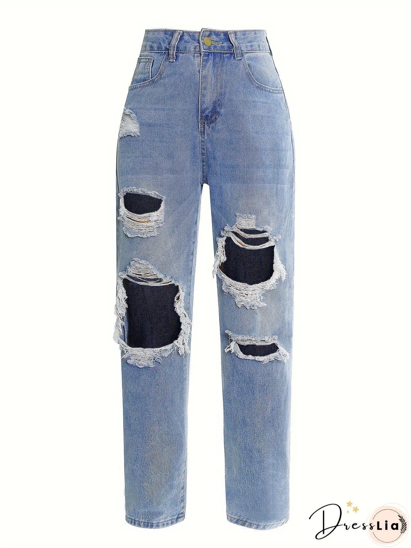 Blue Ripped Straight Jeans Slash Pockets High Waist Distressed Denim Pants Womens Clothing