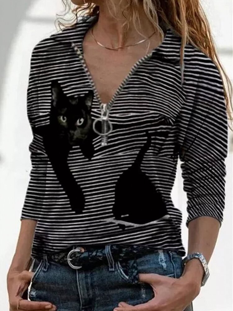 Cartoon Striped Cat Printed Lapel Collar Zipper Long Sleeve Blouse P1774290