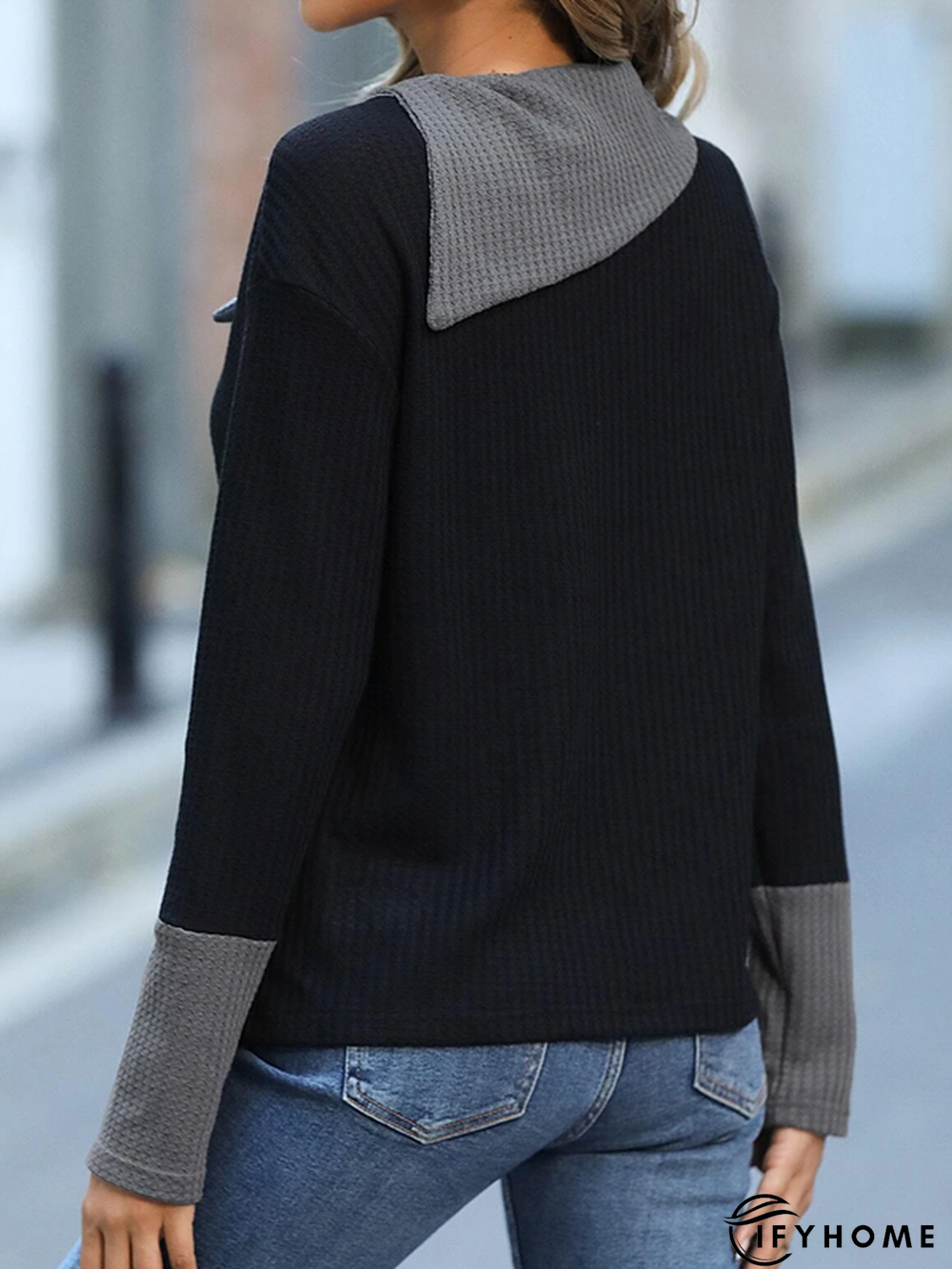 Loose Shawl Collar Casual Color Block T-Shirt | IFYHOME