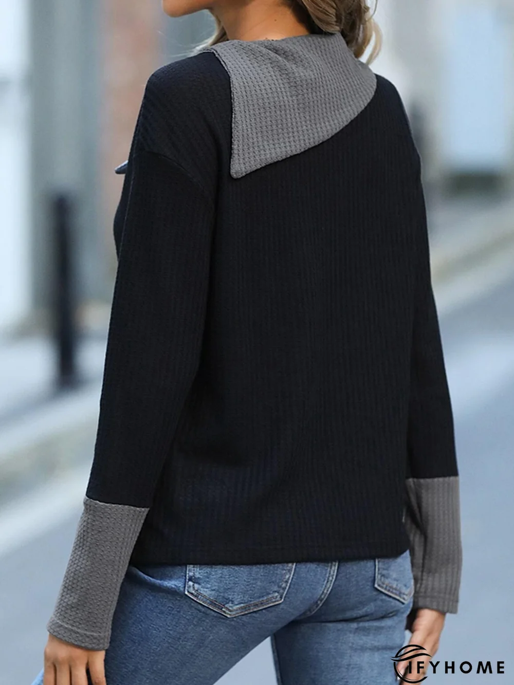 Loose Shawl Collar Casual Color Block T-Shirt | IFYHOME