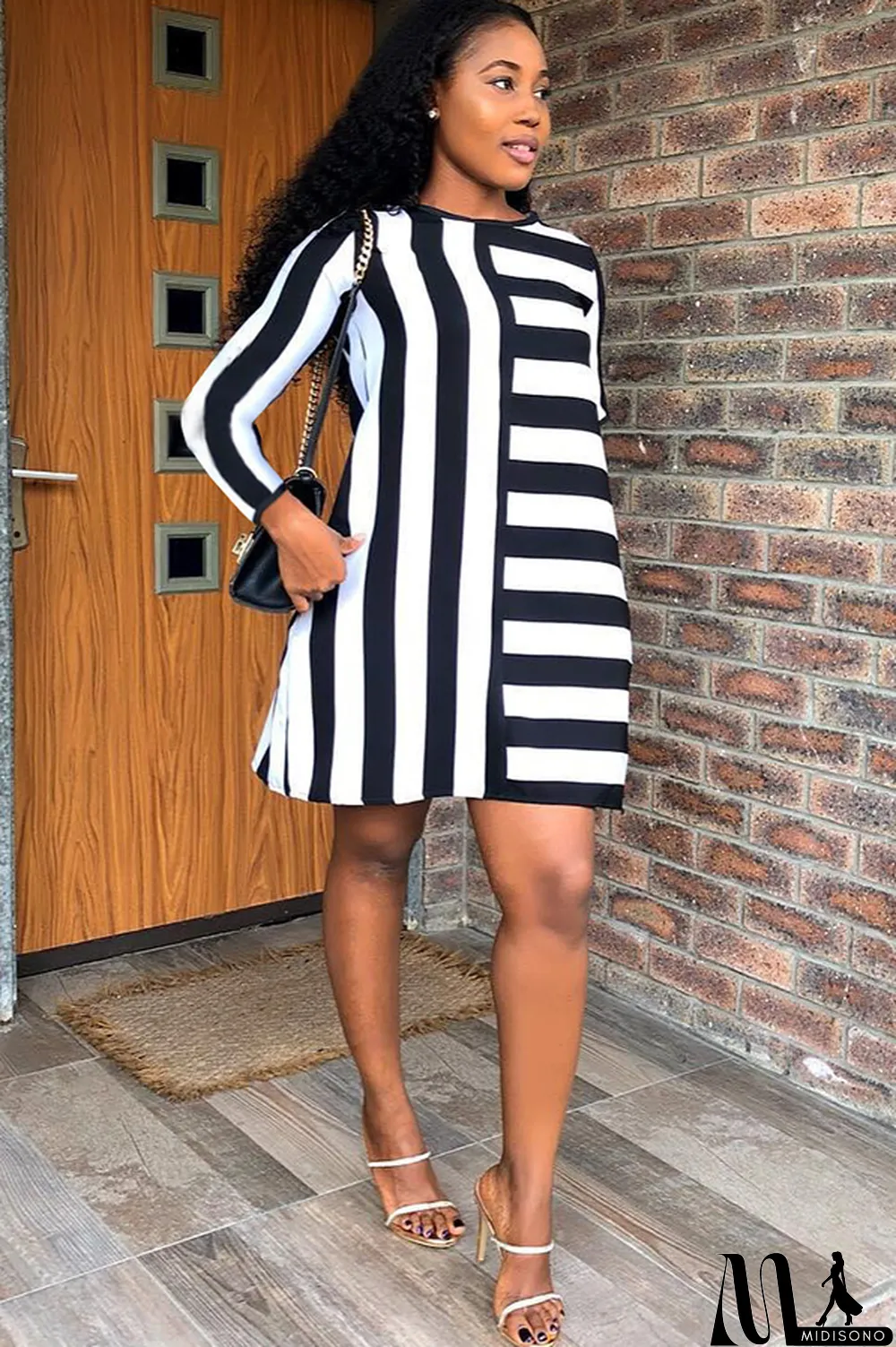 MidiSono - White Acetyl fiber Sweet Cap Sleeve Long Sleeves O neck Swagger Knee-Length Print Striped Patchwork