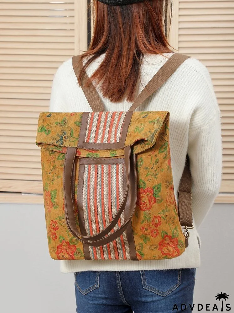 Flower Graphic Striped Tote Bag