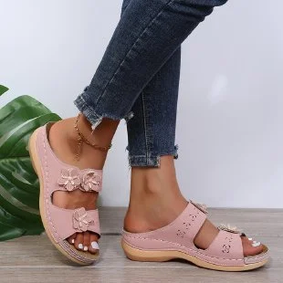 Qengg Summer New Flower Car Sewing Solid Light Mouth Round Head Casual Fashion Lady Flat Sandals