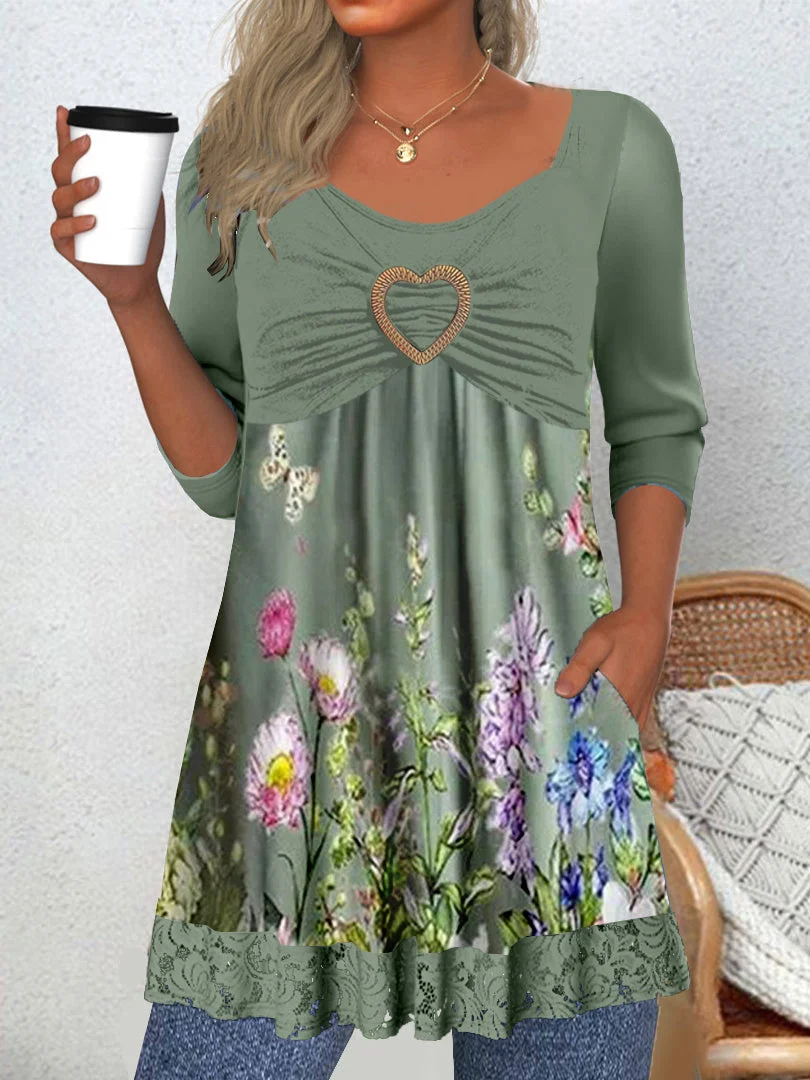 Women's Long Sleeve Scoop Neck Graphic Lace Tops
